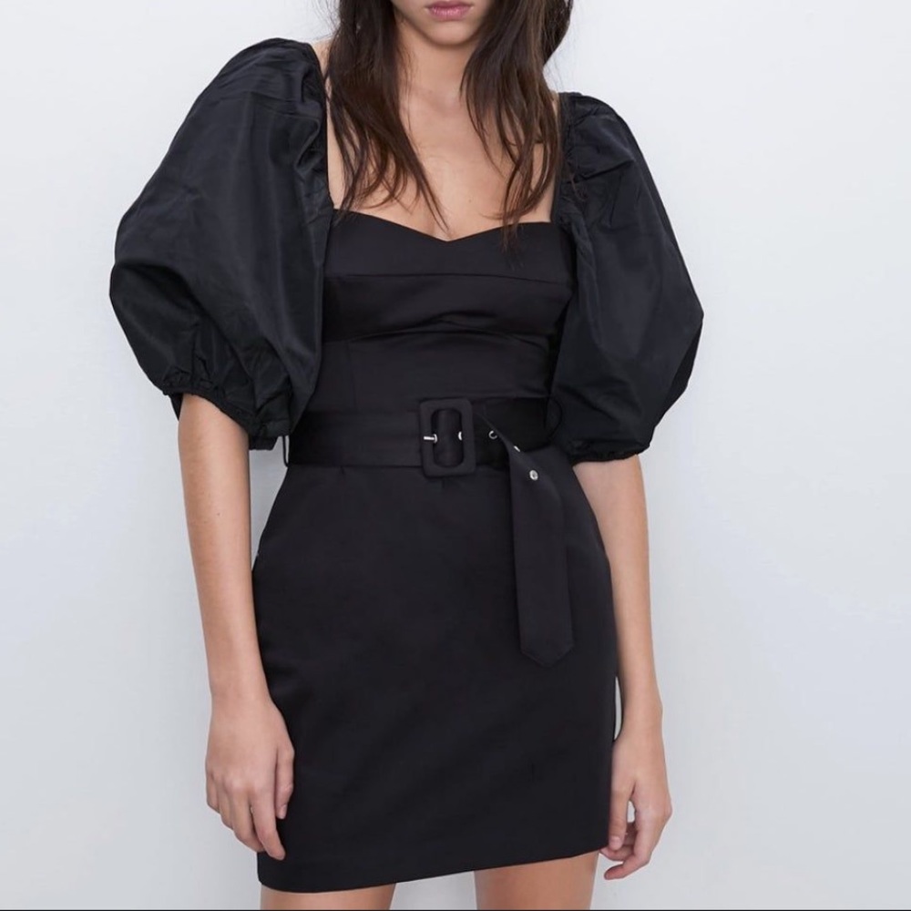Zara Belted Puff Sleeve Black Mini Dress Size Medium NWT